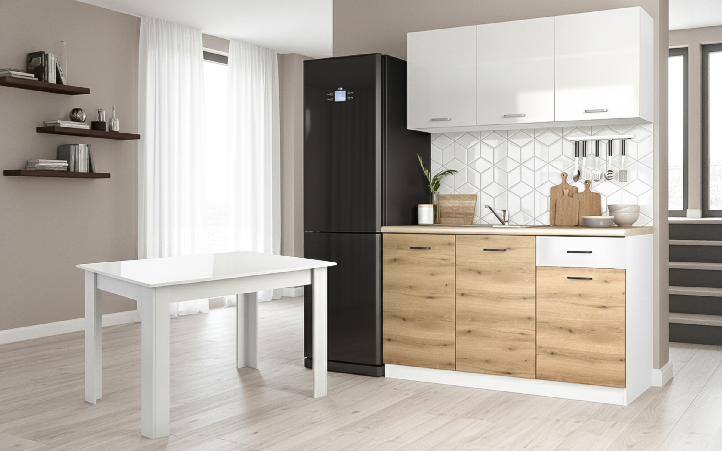 Kitchen set Kitchen Lora 5 + dining table, white gloss + Evoke oak  1